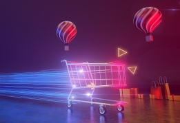 عکس 3d سبد خرید با بکگراند بادکنک و جعبه هدیه